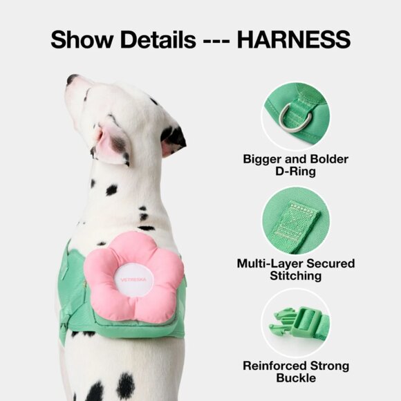 Vetreska Flower Pet Harness ,Collar, and Bag Pack Pink & Green - Picture 6 of 17